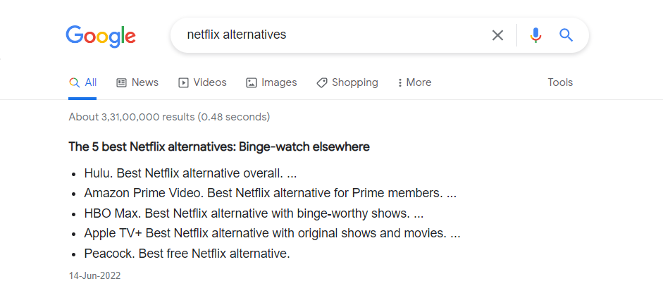 An image showing the results of google search for netflix alternatives