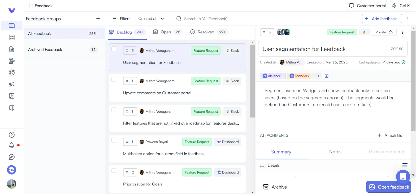 Voctera customer feedback platform with filtering and segmentation options