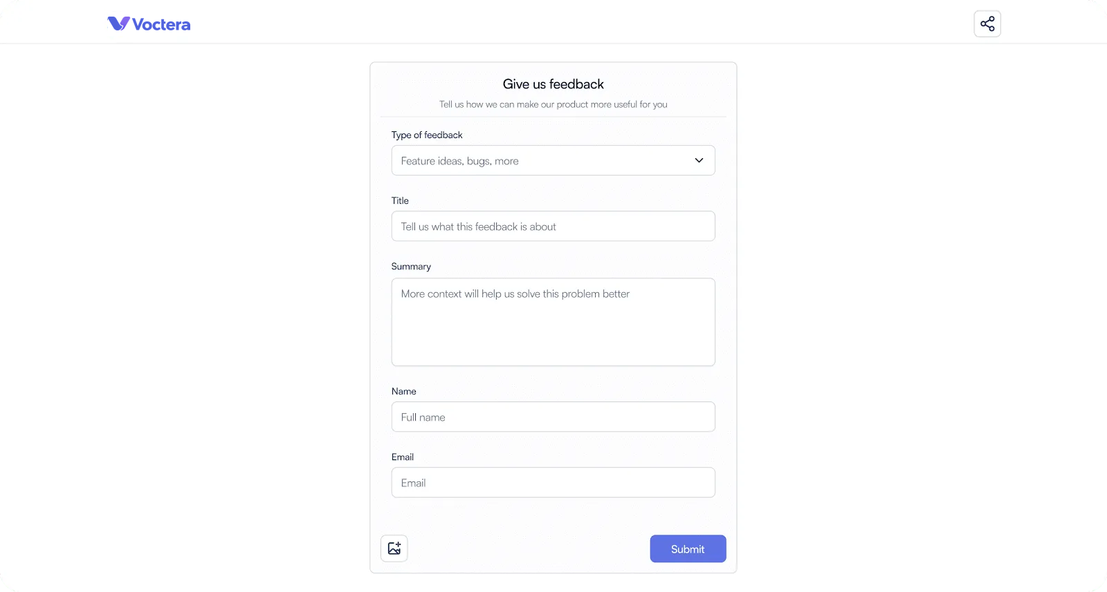 Voctera customizable form for gathering customer feedback and bug reports